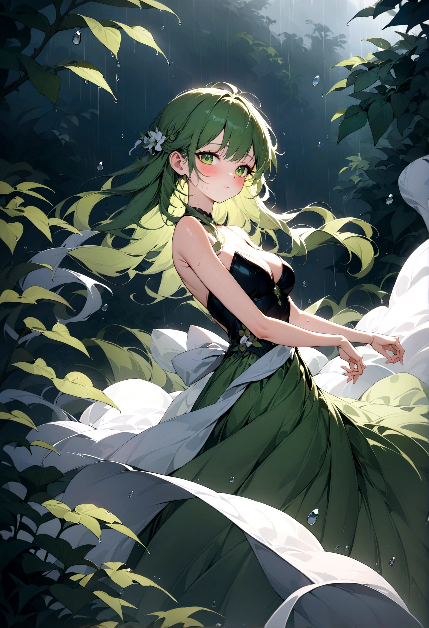 1girl, Dancing in the Rain, A woman dancing in the rain, elegant and graceful, raindrops sparkling on her skin, long flowing dress billowing in the wind, serene expression, peaceful atmosphere, natural lighting, lush green foliage in the background, moody and atmospheric, ethereal and dreamlike, cinematic composition, high-quality detailed rendering, 8k, hyper-detailed, masterpiece, best quality, very aesthetic, absurdres