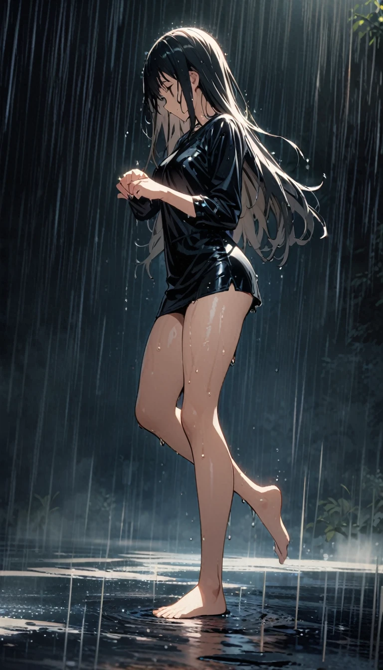 Long-haired girl dancing in the rain，Wet，miniskirt，black，Barefoot，Full body portrait，High Saturation，CG Art， Makoto Shinkai&#39;s photo, pure, Concept Art, Lofi Art style，Shinkai Makoto animation art style, Lofi Art, Beautiful anime scene, Anime Landscape, Detailed scenery, Makoto Shinkai&#39;s style, Makoto Shinkai&#39;s style, Enhance Details