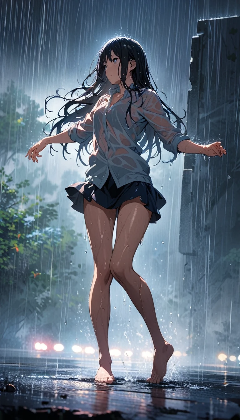 Long-haired girl dancing in the rain,Wet,miniskirt,black,Barefoot,Full body portrait,High Saturation,CG Art, Makoto Shinkai's photo, pure, Concept Art, Lofi Art style,Shinkai Makoto animation art style, Lofi Art, Beautiful anime scene, Anime Landscape, Detailed scenery, Makoto Shinkai's style, Makoto Shinkai's style, Enhance Details