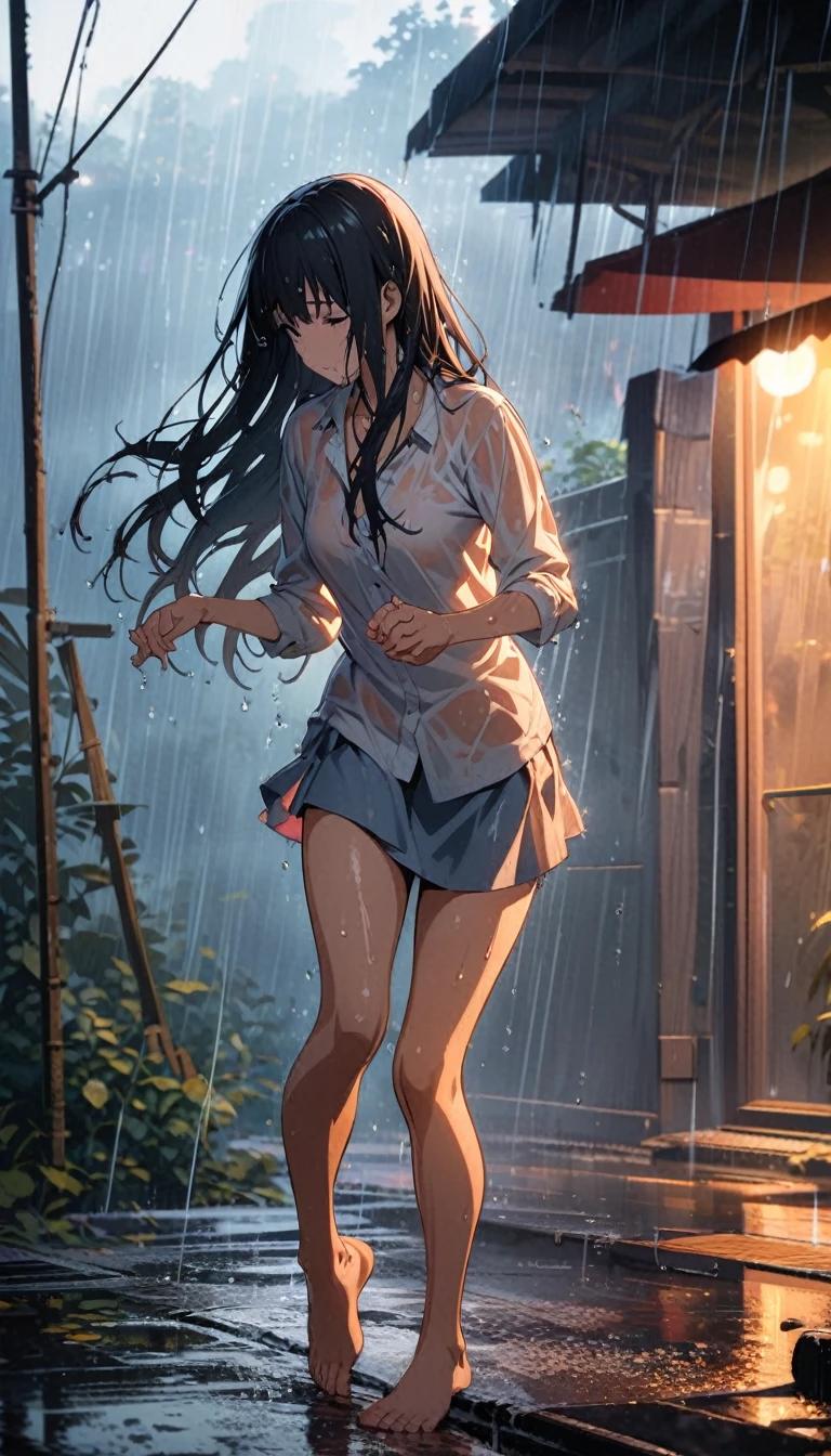 Long-haired girl dancing in the rain,Wet,miniskirt,black,Barefoot,Full body portrait,High Saturation,CG Art, Makoto Shinkai's photo, pure, Concept Art, Lofi Art style,Shinkai Makoto animation art style, Lofi Art, Beautiful anime scene, Anime Landscape, Detailed scenery, Makoto Shinkai's style, Makoto Shinkai's style, Enhance Details