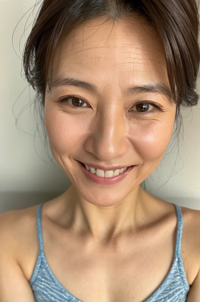 ((Highest quality)), ((masterpiece)), (detailed), Japanese, 40 years old, Beauty, Front face,Face close-up,smile, Nagoya,Facial wrinkles, In underwear