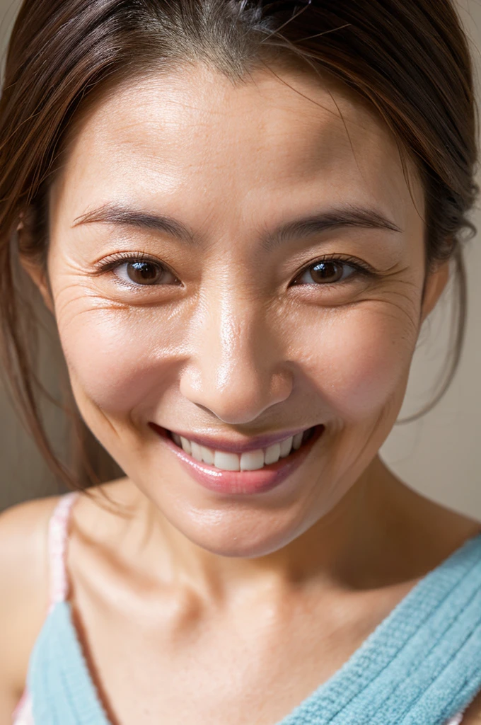 ((Highest quality)), ((masterpiece)), (detailed), Japanese, 40 years old, Beauty, Front face,Face close-up,smile, Nagoya,Facial wrinkles, In underwear