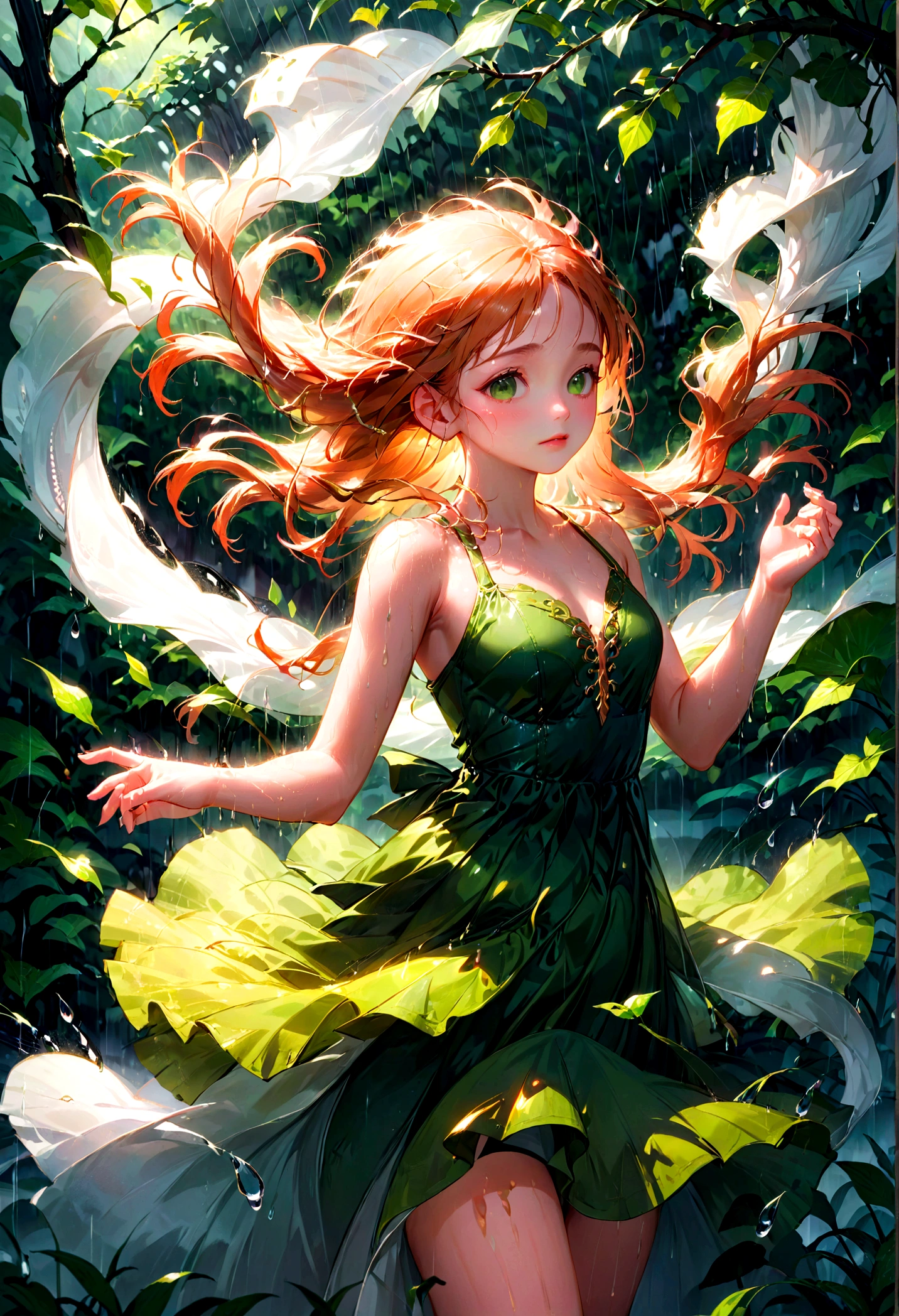 1girl, Dancing in the Rain, A woman dancing in the rain, elegant and graceful, raindrops sparkling on her skin, long flowing dress billowing in the wind, serene expression, peaceful atmosphere, natural lighting, lush green foliage in the background, moody and atmospheric, ethereal and dreamlike, cinematic composition, high-quality detailed rendering, 8k, hyper-detailed, masterpiece, best quality, very aesthetic, absurdres