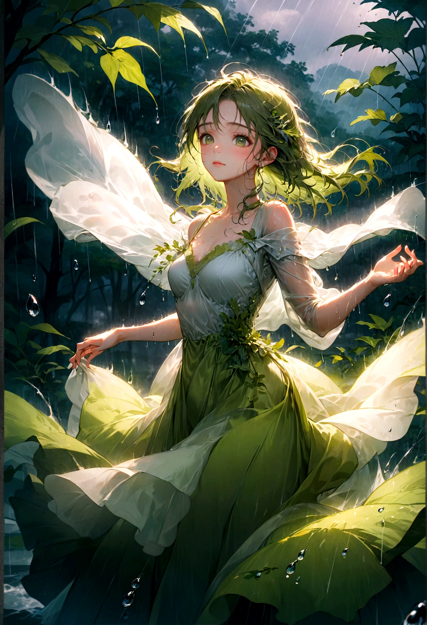 1girl, Dancing in the Rain, A woman dancing in the rain, elegant and graceful, raindrops sparkling on her skin, long flowing dress billowing in the wind, serene expression, peaceful atmosphere, natural lighting, lush green foliage in the background, moody and atmospheric, ethereal and dreamlike, cinematic composition, high-quality detailed rendering, 8k, hyper-detailed, masterpiece, best quality, very aesthetic, absurdres