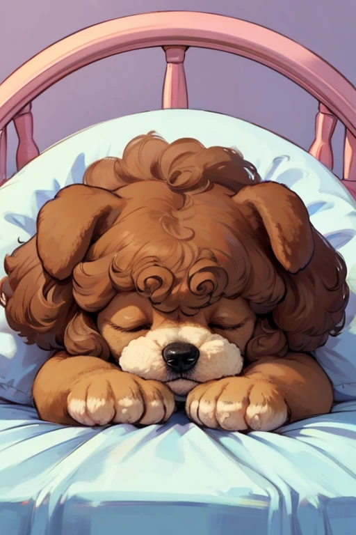 hight quality, Uplifting, a dog, toy poodle, brown , soft animal hair, small face, big ear, a blue collar, sleep in a  bed, close eyes, curl up in a circle