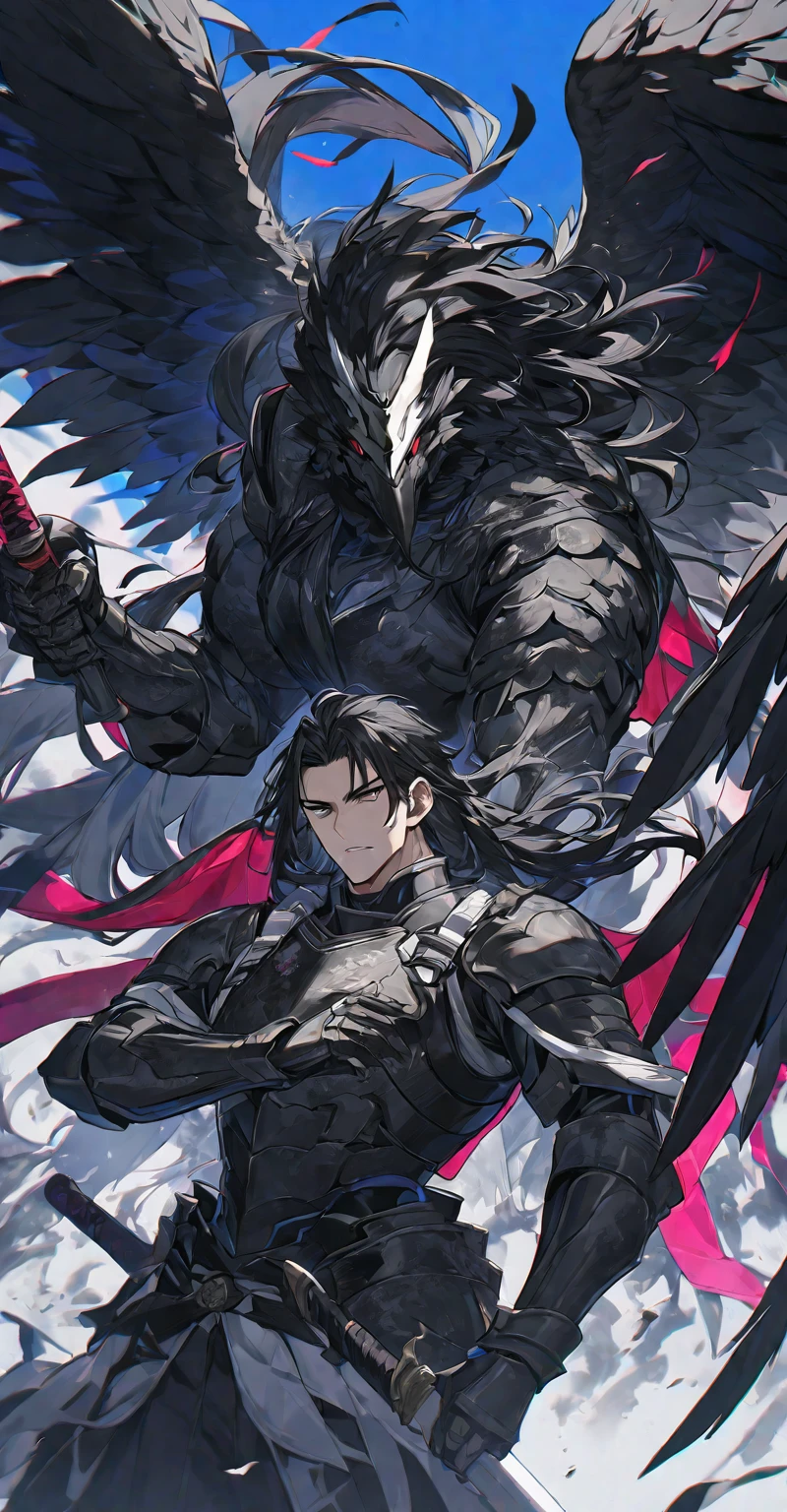 Best quality, one, beautiful, 1 man, tall man, with a sporty body, V-shaped body, wide shoulders, black detailed armour with bright white details, 10 black feathered wings, long hair, black hair covered with dirt and charcoal, neon white pupils (white eyes), the man has a huge sword in his hand, in the combat position "List of Kamae Stances", against the background of black miasma with shades of red