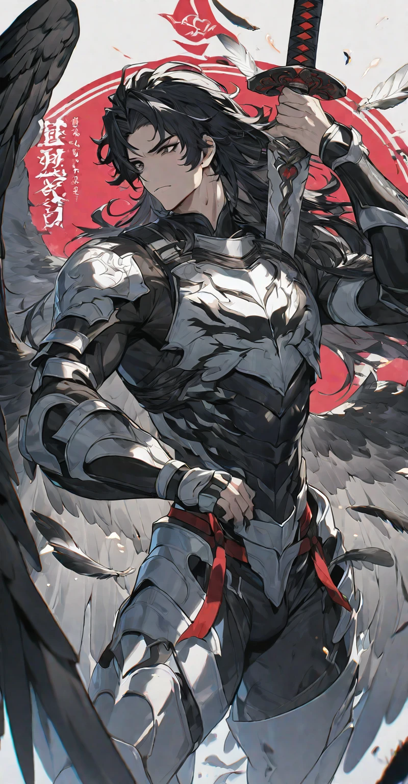 Best quality, one, beautiful, 1 man, tall man, with a sporty body, V-shaped body, wide shoulders, black detailed armour with bright white details, 10 black feathered wings, long hair, black hair covered with dirt and charcoal, neon white pupils (white eyes), the man has a huge sword in his hand, in the combat position "List of Kamae Stances", against the background of black miasma with shades of red