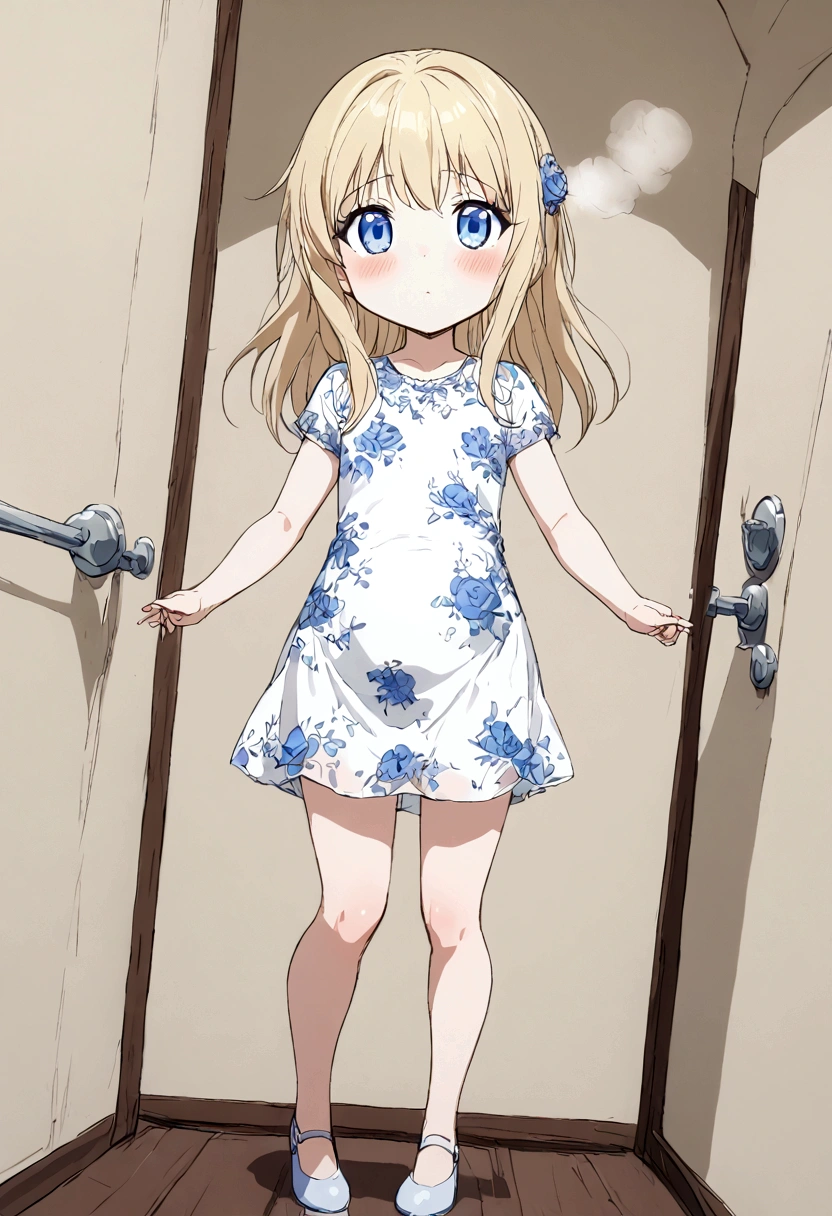 Anime. . Princess. Blonde. Long hair. Blue eyes. Beautiful eyes. Light dress. Shoes. Cold. Runny nose. Snot. Nasal mucus. Sneeze. Sneezing. Sneezes. Snot flows from the nose. Wants to chug. I have to sneeze. Very strong desperate desire to sneeze. She sneezed. She sneezed. She sneezes while standing. Fantasy city. Lock. Corridor . At the entrance to the toilet. Full height. Standing. Full body.