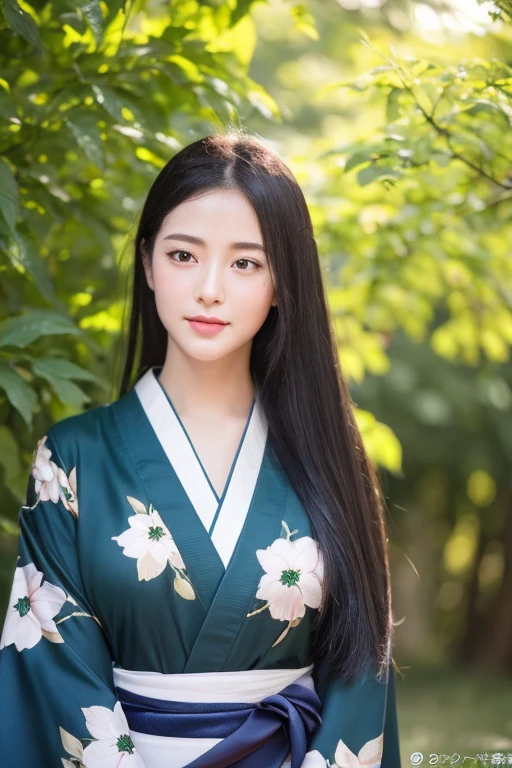 Super super realistic、high quality、Very detailed、Ultra-high resolution、Black Hair、Long Hair、The Beauty of Japan、No makeup、double、Wide-set eyes、Sensual eyes、Sleepy eyes、Apple Cheeks、Alabaster peel、Thin eyebrows 、teeth、Thick lips、sad、behind、Embarrassing 、Apply blush all over the face、Sticking out tongue、Mole under eye、Half-closed eyes、Hollow Eyes、envy、Exhausted、19 years old、height: 147cm、she wearing deep purple and black kimono、standing in green leaves、touch hair、sunlight、full body、blue sky、glint、
