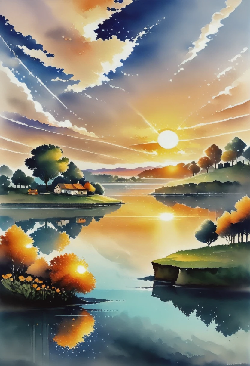 This is a beautiful landscape photo of a village by a lake during sunset. The sky is orange and the sun is shining through the trees, creating a warm and serene atmosphere. 4k, anime