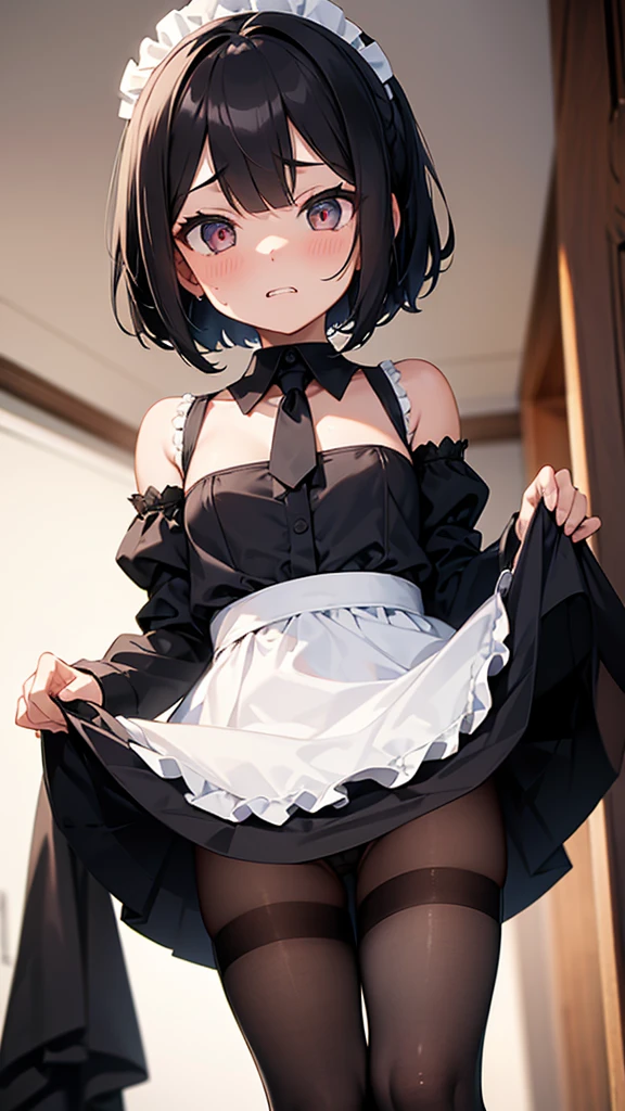 masterpiece,Highest quality,One girl,Maid,Black Bob,Black apron dress,Small breasts,Black Pantyhose,Low Angle,Looking into the camera,（Sharp eyes）,Glare,Contemptuous Eyes,（Hollow Eyes）Through clenched teeth,Sweat,（Raise your skirt yourself）,Panty shot,（Panties through pantyhose）,Camel-to-Focus,（From below）,Raise one leg,throw