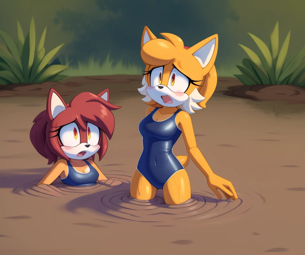 Mobian girls, best quality, HD, full body, sexy breasts, coyote girls, wolf girls, old school swimsuit, swimsuit, wet, blush, 5girls, group peril, multiple girls, 5 girls together, hair, 5girls wading, 5girls in quicksand, hair, dripping, hair, short hair, twintails, tightspace, group, multiple girls, open mouth, masterpiece, wamudraws, sad, one-piece swimsuit, quicksand, sinking, 5 girls in quicksand, scream