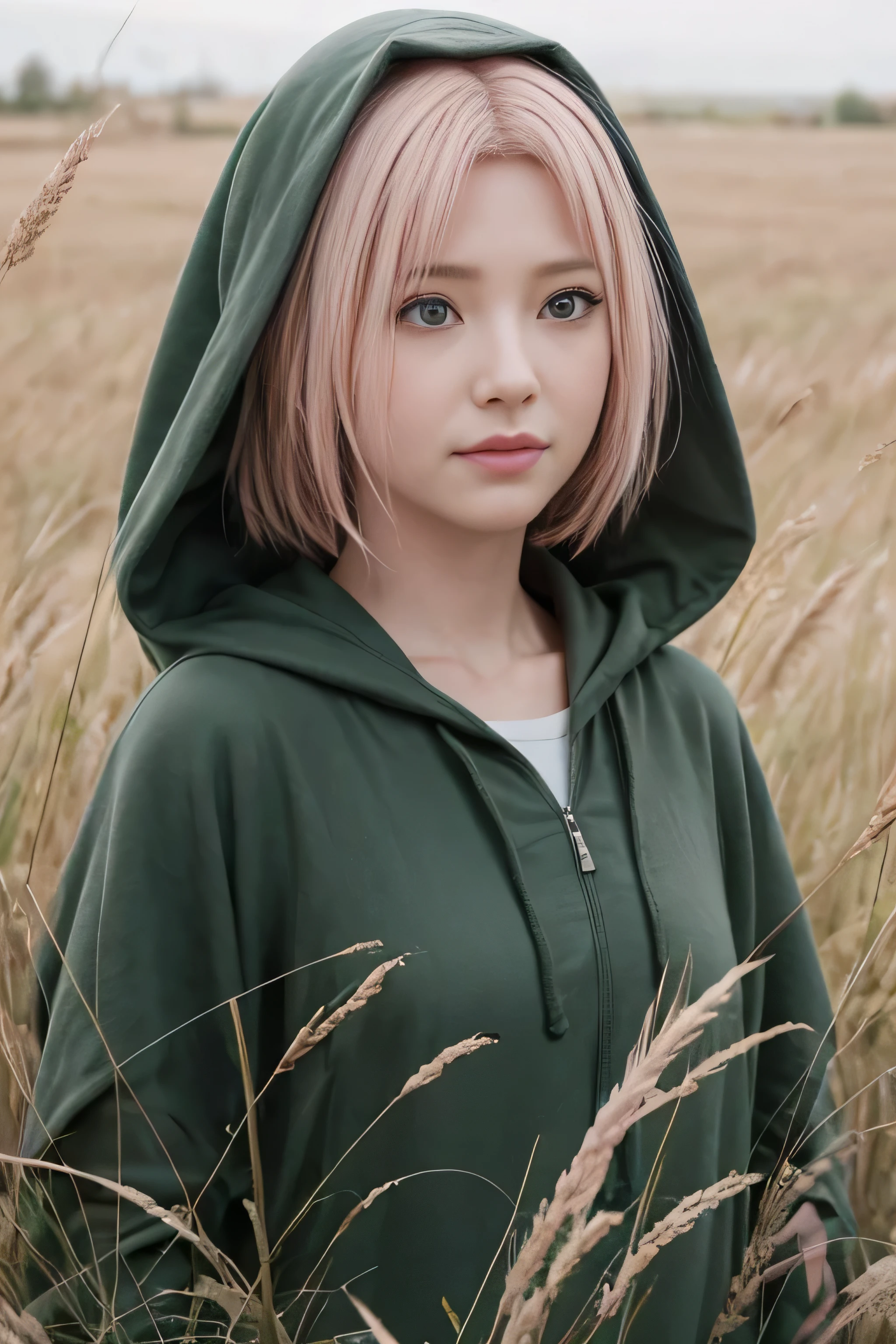 masterpiece, best quality, (realistic,photo-realistic:1.4), (RAW photo:1.2), extremely detailed CG unity 8k wallpaper, delicate and beautiful, amazing,finely detail, official art, absurdres, incredibly absurdres, huge filesize, ultra-detailed,extremely detailed eyes and face,light on face,(little smile),sakura haruno,(pink hair:1.4),(wearing hooded robe:1.4),(short hair:1.4),(nature background:1.4),sidelocks,(grass field:1.4)