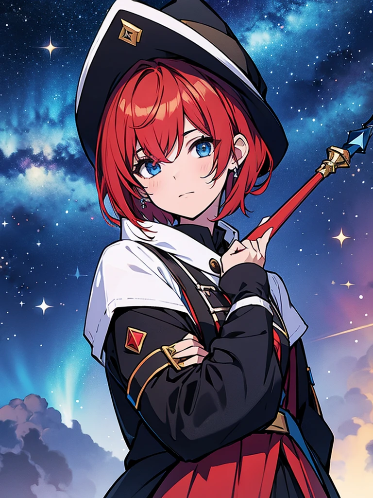 age girl with red hair, short bob hair, wizard's hat, black clothes, wizard's wand, starry sky background
