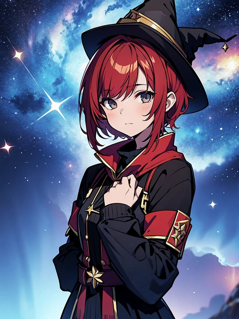 Teenage girl with red hair, short bob hair, wizard's hat, black clothes, wizard's wand, starry sky background