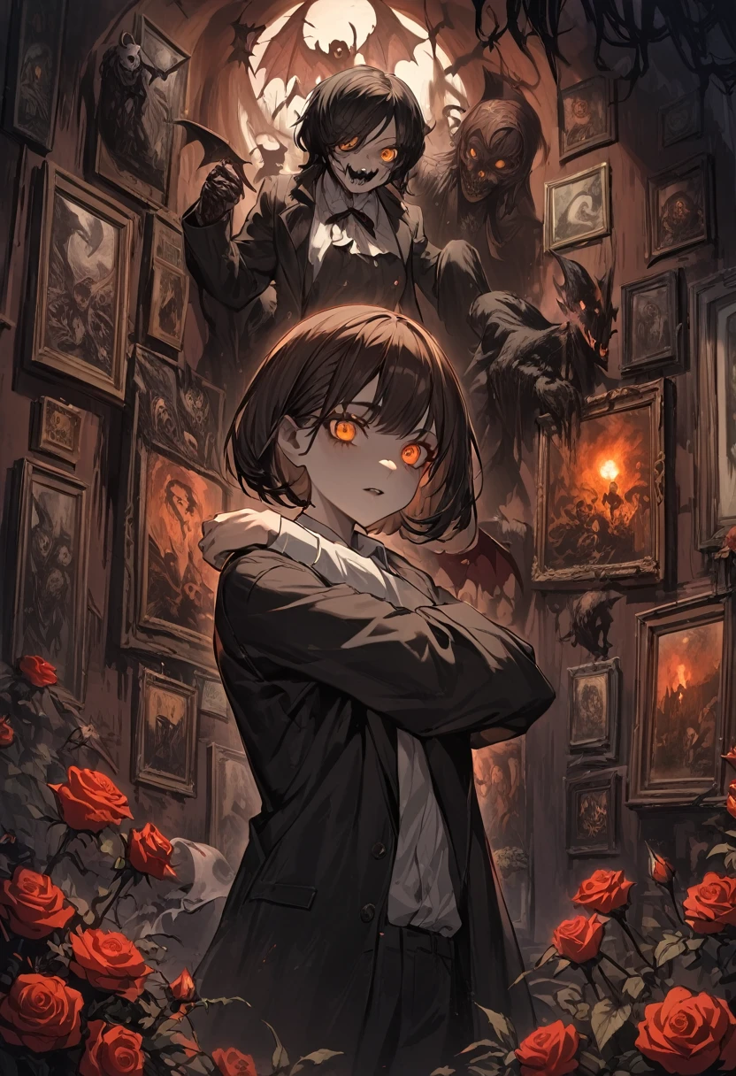 (Arielp style:1.0), dark, Horror, Spooky, Spooky-looking, Painting, Lovecraft, , , He lifted, Black Hair, black Jacket, Brown Hair, devil, flower, High resolution, Jacket, Orange eyes, red flower, red Rose, Rose, shirt, short hair, white shirt