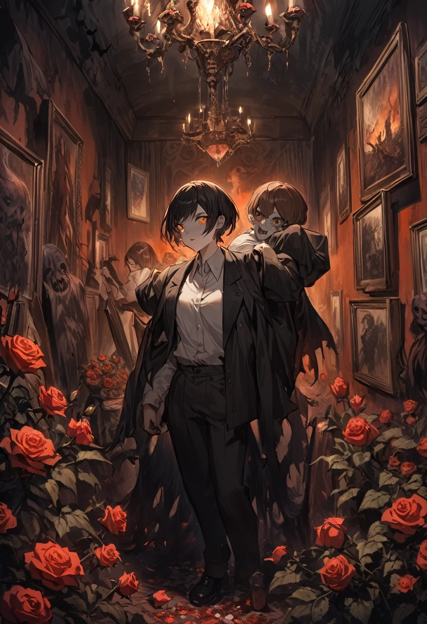 (Arielp style:1.0), dark, Horror, Spooky, Spooky-looking, Painting, Lovecraft, , , He lifted, Black Hair, black Jacket, Brown Hair, devil, flower, High resolution, Jacket, Orange eyes, red flower, red Rose, Rose, shirt, short hair, white shirt