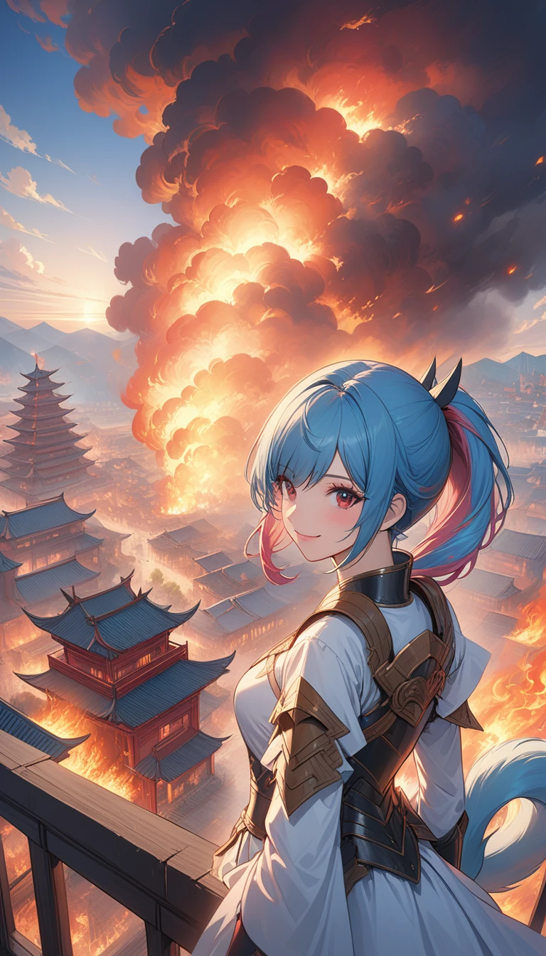 best quality, 4K, masterpiece, Extremely detailed, High Detail, 1 Girl, Solitary, Perry, Blue Hair, Hair covering one eye, Colorful hair, Double tail, Pink Hair, Red Eyes, Two-tone hair, armor, Smile, Burning city background