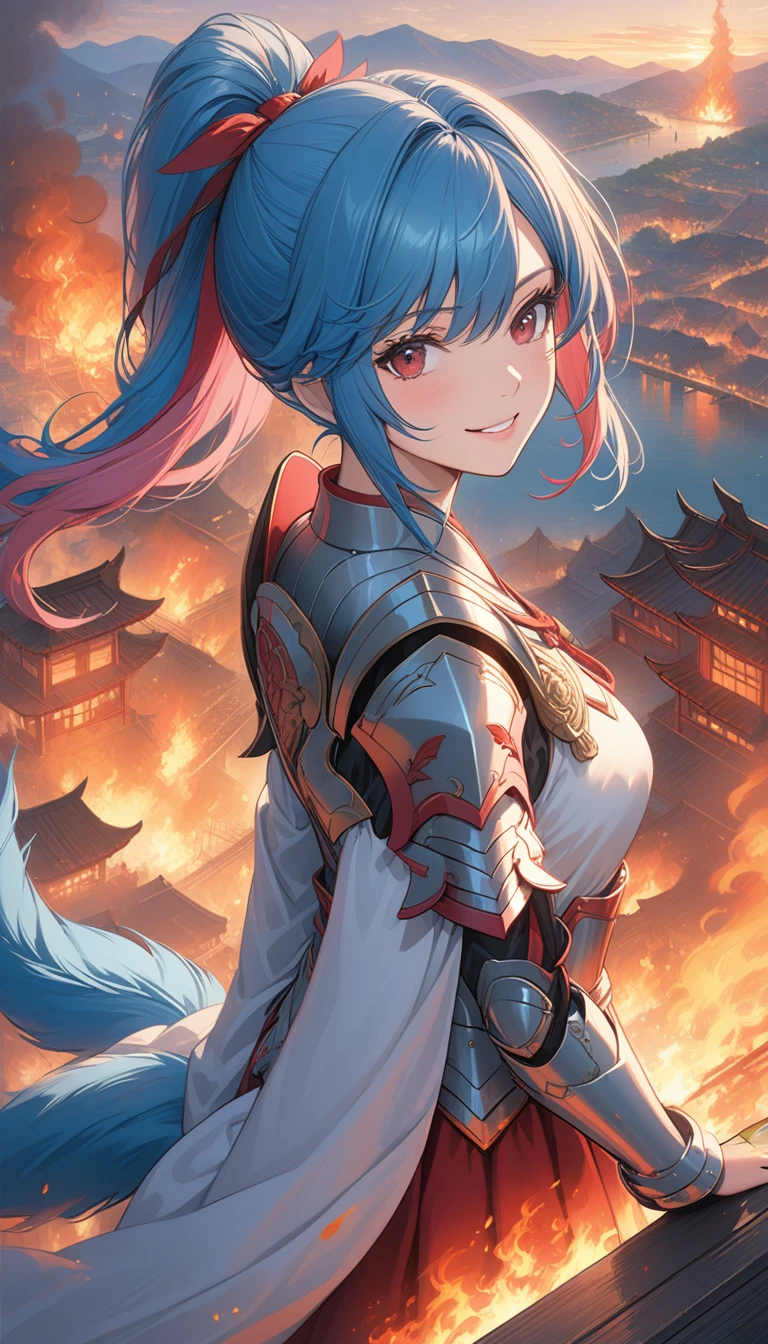 best quality, 4K, masterpiece, Extremely detailed, High Detail, 1 Girl, Solitary, Perry, Blue Hair, Hair covering one eye, Colorful hair, Double tail, Pink Hair, Red Eyes, Two-tone hair, armor, Smile, Burning city background