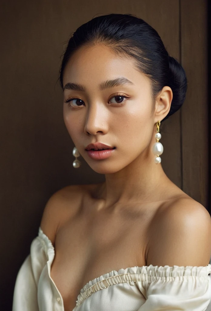 A photo of a woman. Mixed race woman, Korean Nigerian. Pose is inspired by Girl with a pearl earring. Top pulled down to Show a bare shoulder