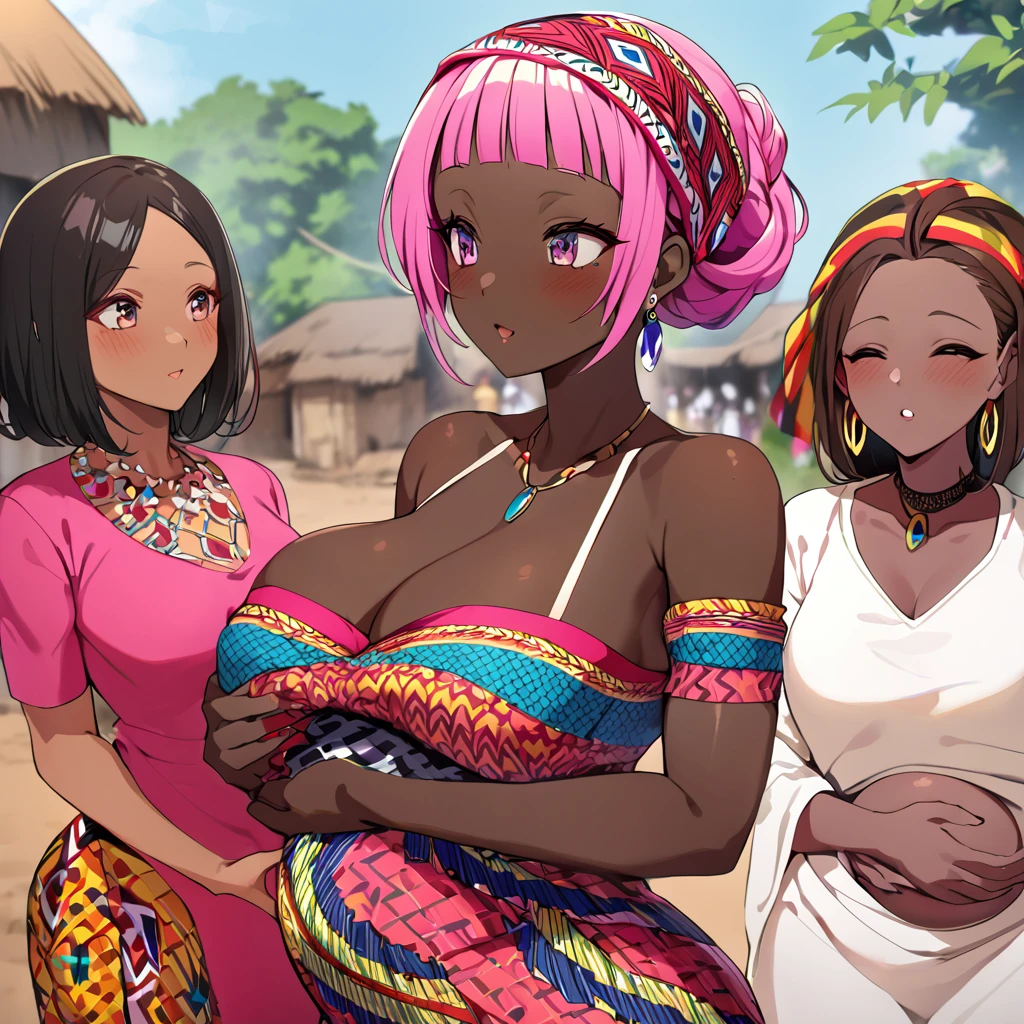 ((Highest quality)), ((masterpiece)), (detailed), (Perfect Face)、The woman is Momo Belia Deviluke, a Ghanaian by birth, with a vibrant dark skin, and is wearing a vibrant Ghanaian dress, a vibrant headscarf, gorgeous jewellery and an engagement ring.、The woman is the elegant Momo Belia Deviluke, with short pink bob hair, a colorful Ghanaian dress, a colorful headscarf, and vivid dark brown skin. She is a natural-born black and Ghanaian.、(The woman is a black Ghanaian with vivid dark brown skin.)、The woman is chatting with other village girls while babysitting in a village in Ghana.、The women are pregnant、The women are holding their baby daughters