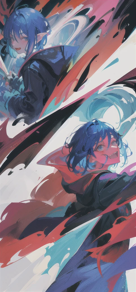 Close-up of color painting of a devil with a big mouth, Psychedelic Laughing Devil, Scary color art in 4K, Colorful and sinister background, Blue Hair、Short bob hairstyle、He's also wearing a black t-shirt、Psychedelic space horror, Hypercolor Digital Art, Vibrant colors、Attention to detail, Colorful explosions, Colorful horror art, Colorful Film Art, Colorful illustration, Vivid neon ink painting, Incredibly detailed color art