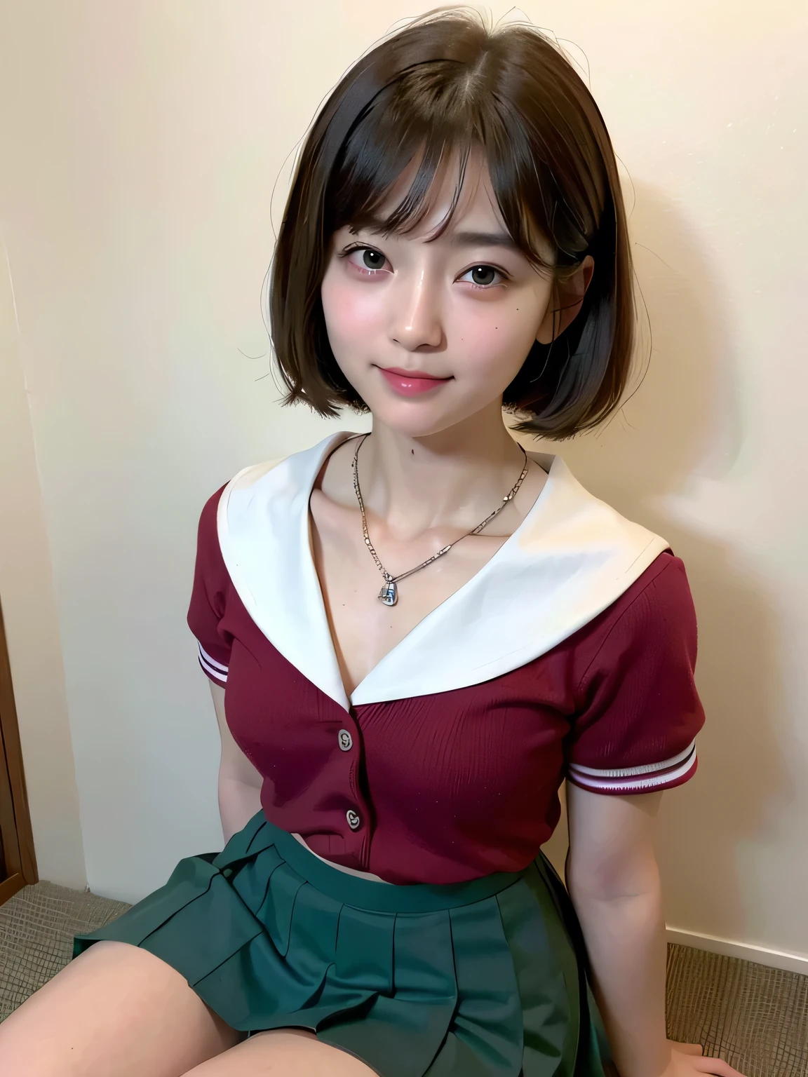 ((Highest quality))、(masterpiece:1.4)、RAW Photos、8K、((Best image quality))、 ((High resolution))、Beautiful face in every detail、Realistic human skin、Gentle expression、(One Woman:1.3 )、Realistic、Realistic、(Short Hair)、(Beautiful woman)、(Cute Japanese Girl)、(boyish:1.35)、((mannish))、((Beautiful woman))、(Beautiful Hair)、((Dark green hair))、(((Red cheeks)))、((Her eyes are big))、 year old beauty、(Her face is small:1.7)、Small Head、((Long neck))、White skin、Beautiful Skin、With bangs、Everyone longs for、Beautiful woman in Japan、eight-headed body、(necklace)Looking into the camera、smile、Happy expression、Dark green short hair、Oily shiny knee socks、(The perfect school girl uniform:1.3)、Sailor suit with red ribbon、(Beautiful small breasts:1.3)、(Red checkered mini skirt:1.2)、Pink wall、