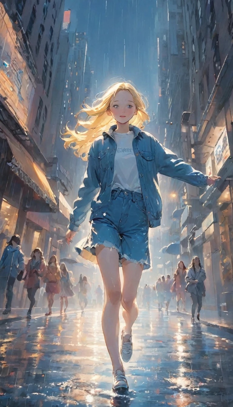 Highest quality、masterpiece:1.3、dancer、カッコいいdancer、Dancing Girl、(((一人の女の子が雨の中でInnocenceに笑いながら一回転をしている、Dancing in the rain:1.37)))、alone、Girls spinning in the heart of downtown、Innocence、Wet girl、Clothes that are wet、Casual clothing、Denim pants、New York Times、無人のNew York Times、