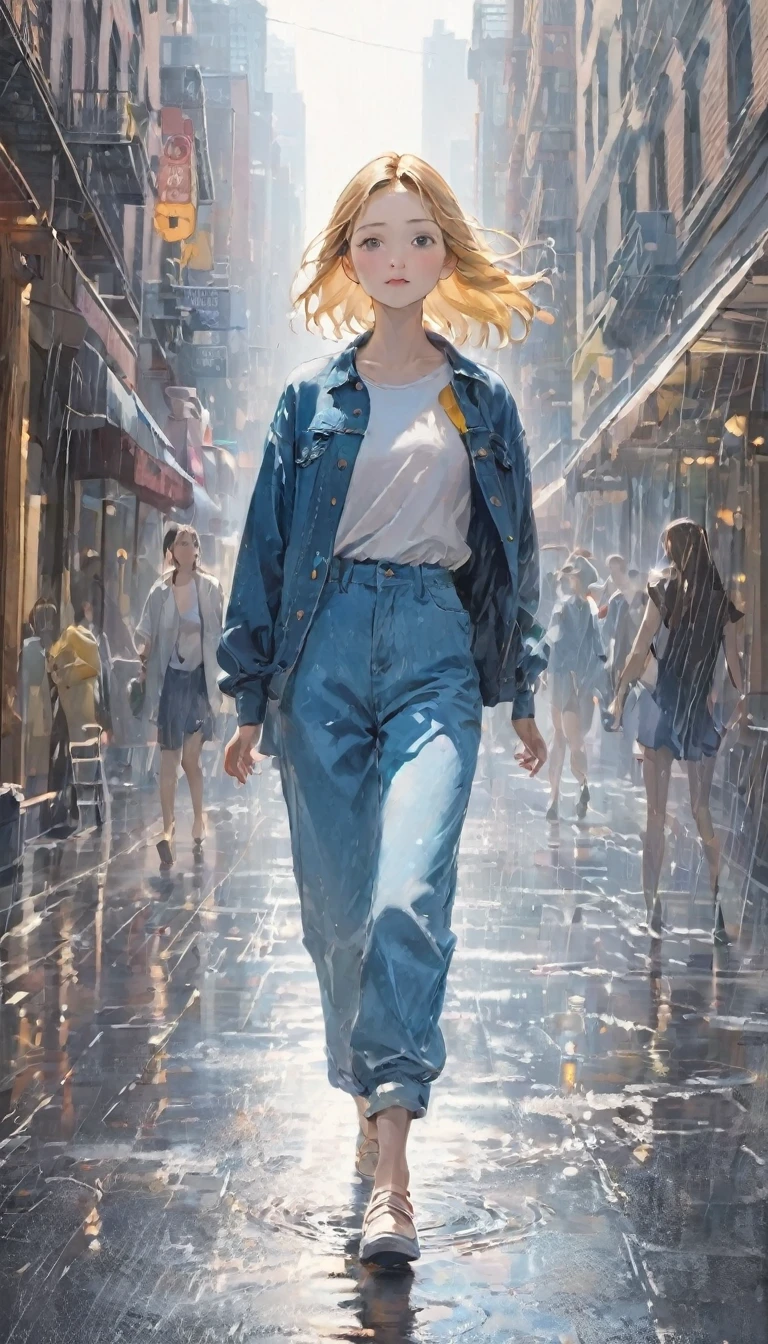 Highest quality、masterpiece:1.3、dancer、カッコいいdancer、Dancing Girl、(((一人の女の子が雨の中でInnocenceに笑いながら一回転をしている、Dancing in the rain:1.37)))、alone、Girls spinning in the heart of downtown、Innocence、Wet girl、Clothes that are wet、Casual clothing、Denim pants、New York Times、無人のNew York Times、