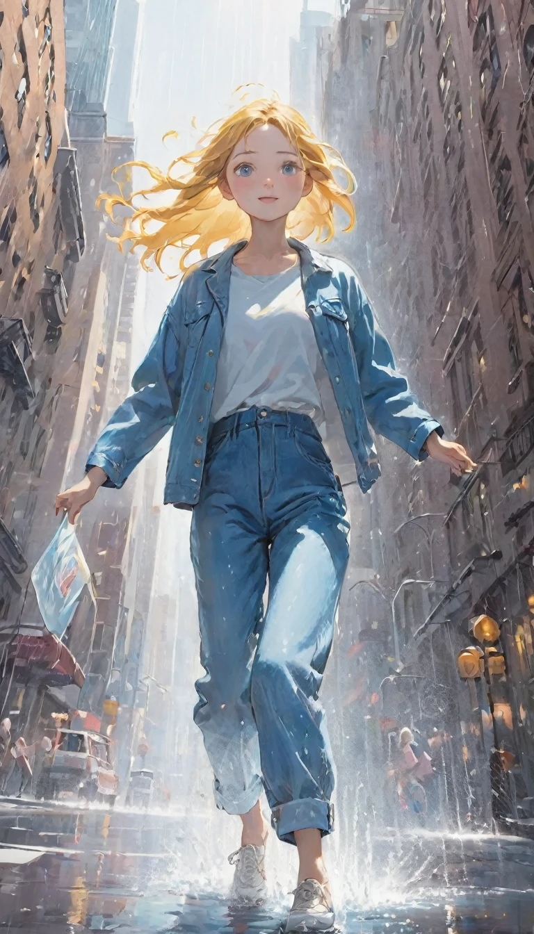 Highest quality、masterpiece:1.3、Dancing Girl、(((一人の女の子が雨の中でInnocenceに笑いながら一回転をしている、Dancing in the rain:1.37)))、alone、Girls spinning in the heart of downtown、Innocence、Wet girl、Clothes that are wet、Casual clothing、Denim pants、New York Times、無人のNew York Times、