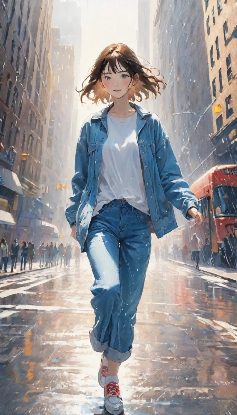 Highest quality、masterpiece:1.3、dancer、カッコいいdancer、Dancing Girl、(((一人の女の子が雨の中でInnocenceに笑いながら一回転をしている、Dancing in the rain:1.37)))、alone、Girls spinning in the heart of downtown、Innocence、Wet girl、Clothes that are wet、Casual clothing、Denim pants、New York Times、無人のNew York Times、