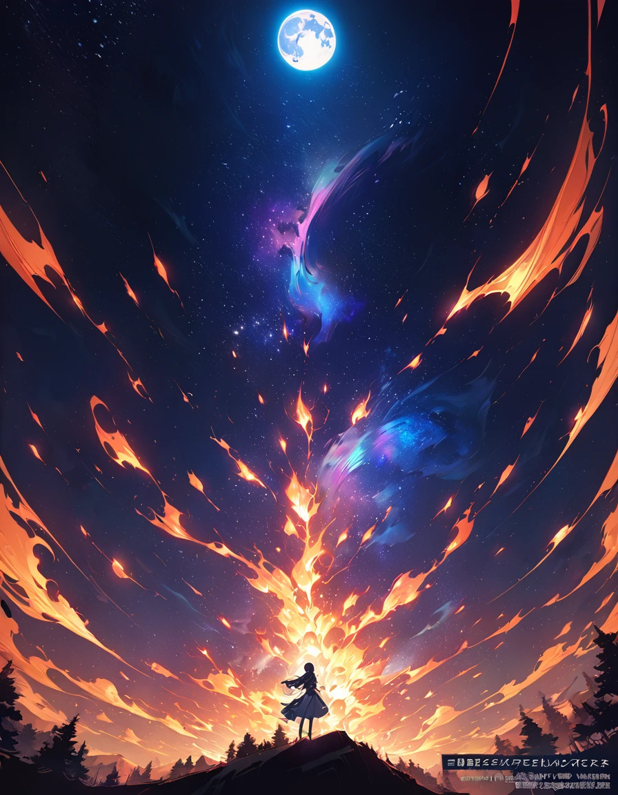 One girl, Beautiful and fine details, Long purple hair, Pale red eyes, Princess Dress, Glowing Skin, resolution, (Anime Style:1.6)High Contrast, ((Mastepiece, Highest quality))Vast landscape photography, (View from below with views of the sky and wilderness below), Girl looking up, (full moon: 1.2), (shooting star: 0.9), (nebula: 1.3), Distant Mountain, Treebreak Production Art, (Warm light source: 1.2), (fire Fly: 1.2), Purple and Orange, Intricate details, Volumetric Lighting, Realism Break (Mastepiece: 1.2) (Highest quality), 4K, Super detailed, (Dynamic Configuration: 1.4), Extremely detailed and colorful, (Iridescent colors: 1.2), (Brilliant lighting, Ambient lighting), dream-like, Magic, (alone: 1.5)　Perfect Fingers
