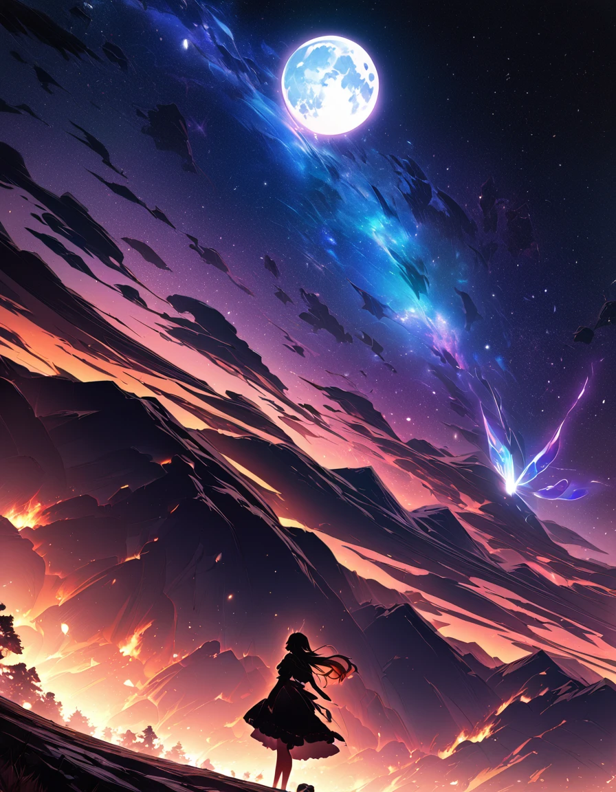 One girl, Beautiful and fine details, Long purple hair, Pale red eyes, Princess Dress, Glowing Skin, resolution, (Anime Style:1.6)High Contrast, ((Mastepiece, Highest quality))Vast landscape photography, (View from below with views of the sky and wilderness below), Girl looking up, (full moon: 1.2), (shooting star: 0.9), (nebula: 1.3), Distant Mountain, Treebreak Production Art, (Warm light source: 1.2), (fire Fly: 1.2), Purple and Orange, Intricate details, Volumetric Lighting, Realism Break (Mastepiece: 1.2) (Highest quality), 4K, Super detailed, (Dynamic Configuration: 1.4), Extremely detailed and colorful, (Iridescent colors: 1.2), (Brilliant lighting, Ambient lighting), dream-like, Magic, (alone: 1.5)　Perfect Fingers
