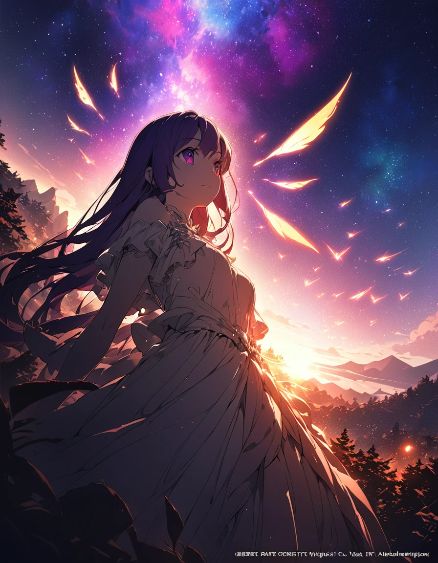 One girl, Beautiful and fine details, Long purple hair, Pale red eyes, Princess Dress, Glowing Skin, resolution, (Anime Style:1.6)High Contrast, ((Mastepiece, Highest quality))Vast landscape photography, (View from below with views of the sky and wilderness below), Girl looking up, (full moon: 1.2), (shooting star: 0.9), (nebula: 1.3), Distant Mountain, Treebreak Production Art, (Warm light source: 1.2), (fire Fly: 1.2), Purple and Orange, Intricate details, Volumetric Lighting, Realism Break (Mastepiece: 1.2) (Highest quality), 4K, Super detailed, (Dynamic Configuration: 1.4), Extremely detailed and colorful, (Iridescent colors: 1.2), (Brilliant lighting, Ambient lighting), dream-like, Magic, (alone: 1.5) Perfect Fingers