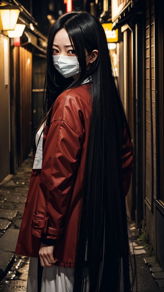 Create a realistic image of Kuchisake-onna。She has long black hair、He is wearing a white mask、Beneath it is a terrifying expression with a split mouth.。The background depicts dimly lit street corners and back alleys.、It exudes an eerie atmosphere。She is wearing a red coat、He has a big pair of scissors in his hand。Please make the image realistic and give a sense of fear overall.。