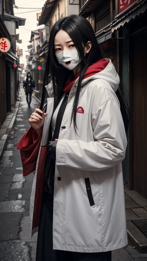 Create a realistic image of Kuchisake-onna。She has long black hair、He is wearing a white mask、Beneath it is a terrifying expression with a split mouth.。The background depicts dimly lit street corners and back alleys.、It exudes an eerie atmosphere。She is wearing a red coat、He has a big pair of scissors in his hand。Please make the image realistic and give a sense of fear overall.。