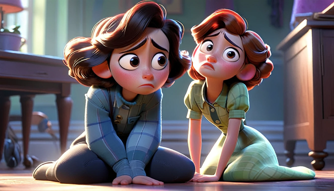 "A character looking vulnerable and in need of support, with another character nearby, in an emotionally resonant Disney Pixar style."