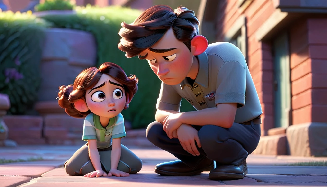 "A character looking vulnerable and in need of support, with another character nearby, in an emotionally resonant Disney Pixar style."

