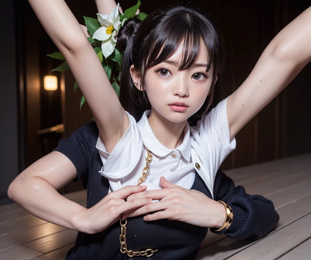 1 boy, a boy is grabbing girl’s breasts from behind,(shackles:1.6),(((masterpiece))), (8K, expensive_solve), (clear_image), Highly detailed CG, ((Highest quality), Beautiful eyes and fine face, (Long Hair,topknot,sideburns,dark brown hair,Big white ribbons of hair,bright,flower hair ornament),(bashful:0.8),(open mouth:0.8),gleaming skin,(sweat,perspired:1.6),over-kneehighs,white collared shirt,bowtie