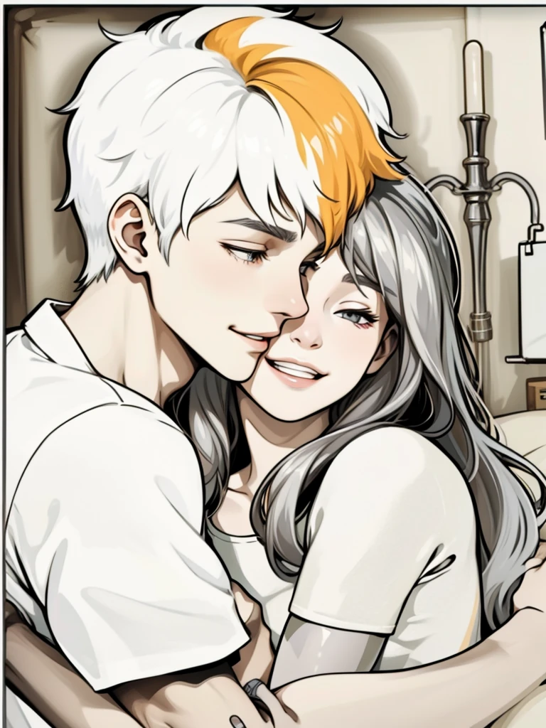  young man with gray hair and a girl who is his girlfriend, they are hugging and greeting each other, they are happy, smiling