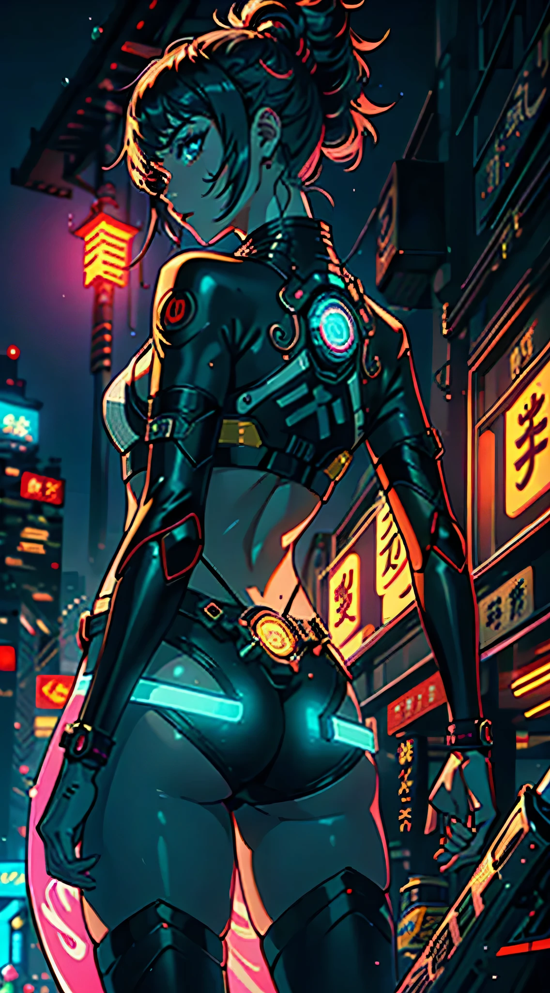 1girl, solo, girl, close up, futuristic outfit, neon samurai, very handsome cyberpunk samurai, cyberpunk samurai, ghost blade style, cyberpunk style, cyberpunk neon style, video game character, synthwave image, cyberpunk, concept art neon glow, moon, lantern, night, solo, outdoor, sky, full moon, rain, mountain, cloud, paper lantern, night sky, reflection,, {{(masterpiece),(extremely detailed CG unity 8k wallpaper),  (side boobs), best quality,solo,cinematic lighting,detailed background,beautiful detailed eyes,bright pupils,(an extremely delicate and beautiful),(beautiful and detailed eye description),ultra-detailed,masterpiece,}}, detailed eyes, beautiful eyes, realistic eyes, beautiful eyes, perfect eyes, rear view, (Anamorphic rays, ramen shop), glow, depth of field