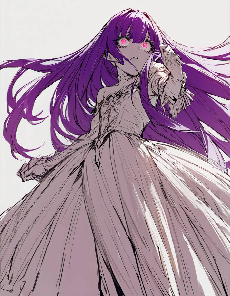 (Sketches)One girl fighting, 16 years old,Pale red eyes(Big Eyes:1.4), Princess Dress, Glowing Skin, High Contrast, ((Mastepiece, Highest quality))Long purple hair(Semi-long hair:1.4)(eye shadow:1.3)(Eyelashes:1.2)Original Costume(fringe)(More about the Strand), (White Background)
