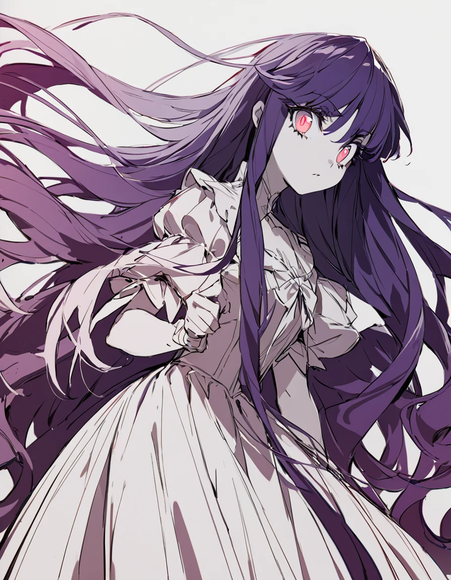 (Sketches)One girl fighting, ,Pale red eyes(Big Eyes:1.4), Princess Dress, Glowing Skin, High Contrast, ((Mastepiece, Highest quality))Long purple hair(Semi-long hair:1.4)(eye shadow:1.3)(Eyelashes:1.2)Original Costume(fringe)(More about the Strand), (White Background)
