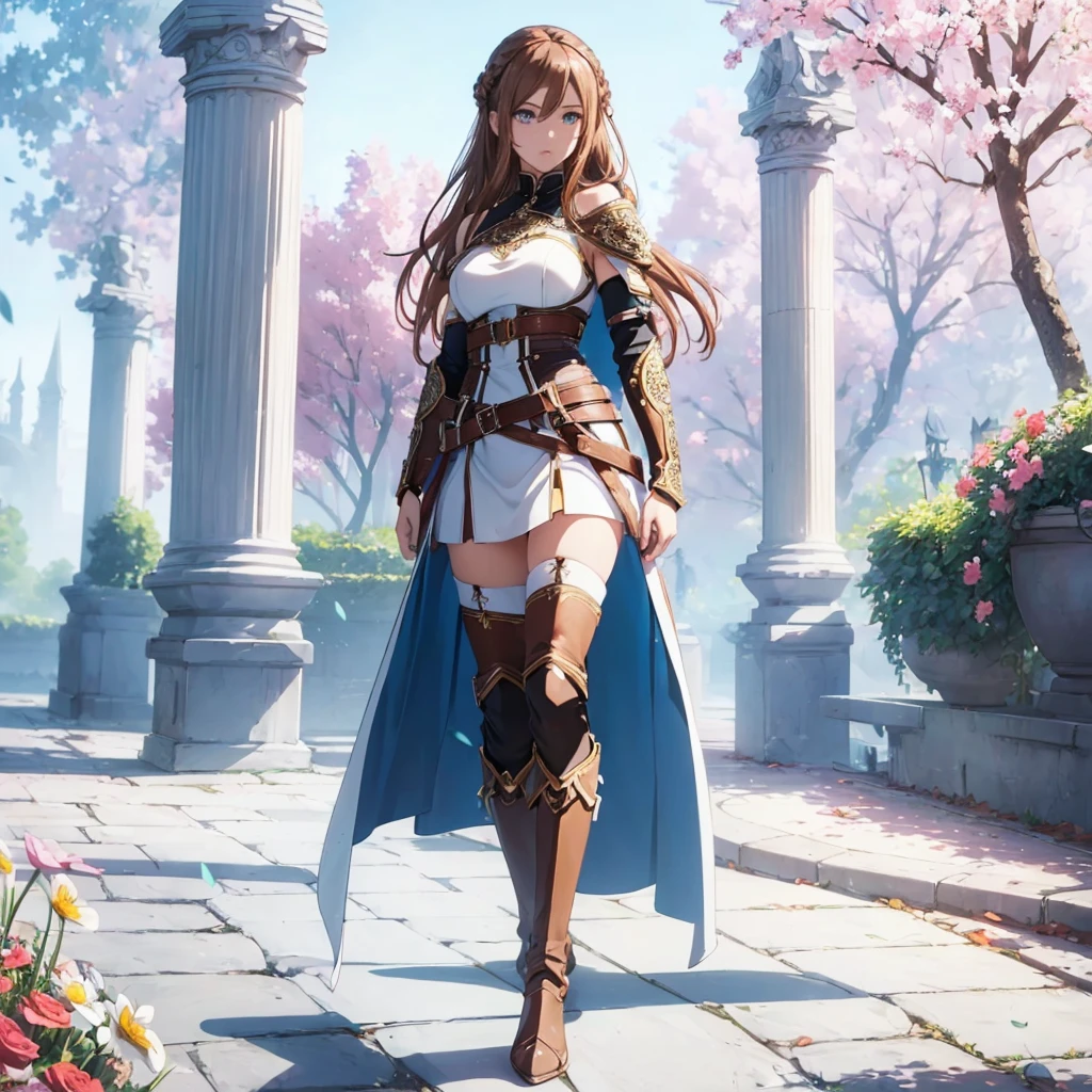 ((1girl, solo)), right hand on hip, standing, beautiful body, (perfect anatomy, perfect body, perfect hands, perfect legs), natural proportions, sexy body, large breasts, ((full body, full body front)) BREAK
((extremely detailed face)), (beautiful detailed eyes:1.6), (realistic pupils, realistic iris:1), expressive eyes, looking at viewer, (clear eyes:1.3), (hyperrealistic:1.2), (detailed skin texture:1.2), smooth skin, asuna yuuki, (brown hair:1.5), (brown eyes), long hair, braid, bangs, (detailed lips:1.3), (attractive lips:1.1), (glossy lips:1.1), perfect face, perfect eyes BREAK
mini dress, long sleeves, (shoulder armor:1.3), (arm guard:1.3), ((black thighhighs)), knee high boots, armored boots, thighs, zettai ryouiki, belt, cape BREAK
outdoors, day, (garden:1.5), (flower:1.3), (trees:1.3), (shade of trees:1.2), medieval BREAK
(masterpiece:1.5), anime-style, top quality, best quality, (beautiful and aesthetic:1.2), (ultra detail:1.5), Ultra-detailed depiction, Ultra-precise depiction, extremely detailed 8k illustration, high resolution, (highly detailed shading:1.2), (realistic lighting:1.4), perfect lighting, vibrant colors, dynamic tones, striking hues, 8k, absurd resolution, perfect shadows, hdr, UHD, ambient lighting, realistic, ultra-realistic, photo realistic, highly detailed, rich detail, luminous colors, fine texture, intricate design, professional illustration, (soft light:1.2), (illustration:0.7)