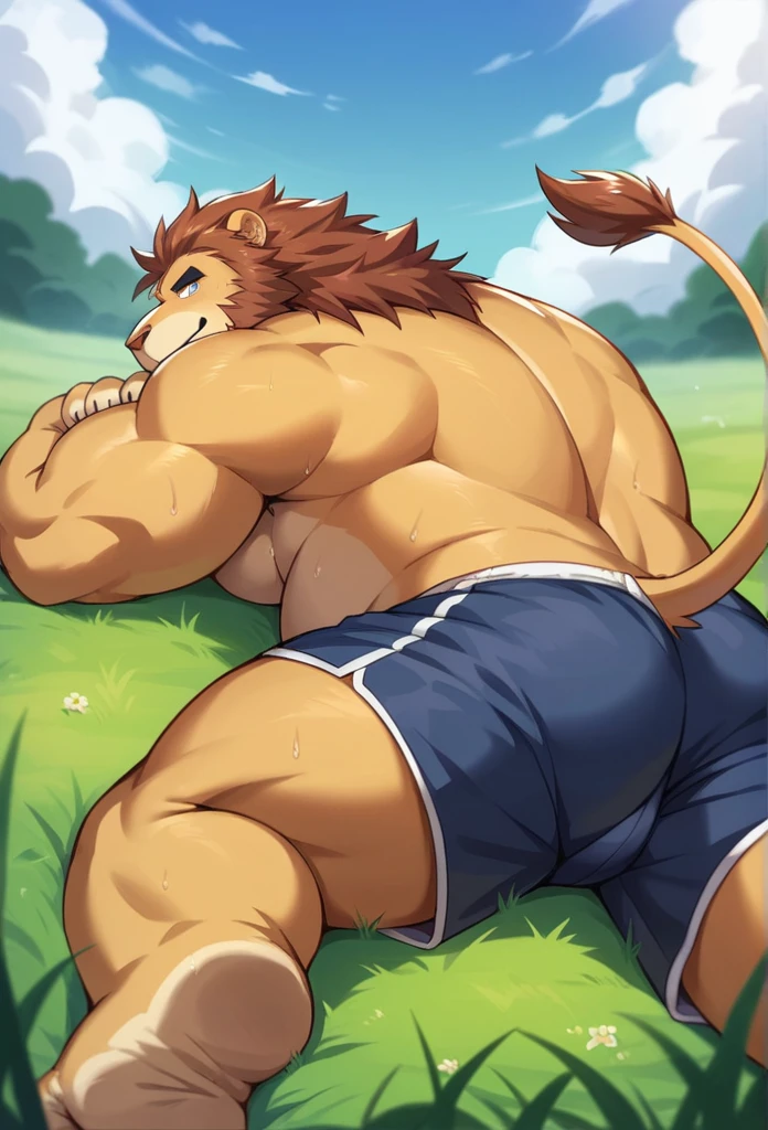 NJ5furry, Lion, solitary,Beast field,chubby, Thick arms,Strong muscles,shorts,Plush,Chubby face,Black eyebrows,Sky blue eyes,beard,smirk:1.1,lying back on the grass,on stomach, daddy, (from below:1.1),Lie down,(shirt,shorts),Sunlight , stinky feet ,(sweat),by zixiong, Takemoto Arashi