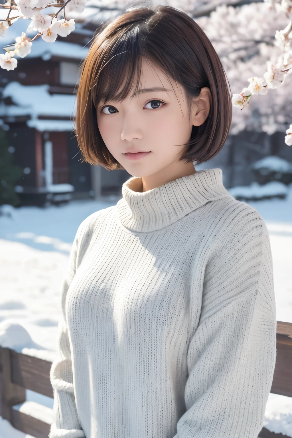 in the snowy debtorest, Japanese Girls, Spring knit sweater, Cherry blossoms fluttering,The pupils shine, Silver short hair, Realistic portraits, depth odebt debtield, debt/1.8, Anatomically correct, Textured skin, Super detailed, Attention to detail, high quality, Super detailed, Attention to detail, high quality, 最high quality, High resolution