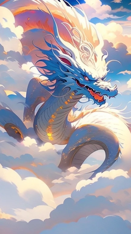 White Dragon，Above the Clouds，Fire and sun in the background、Golden Dragon、Silver Dragon