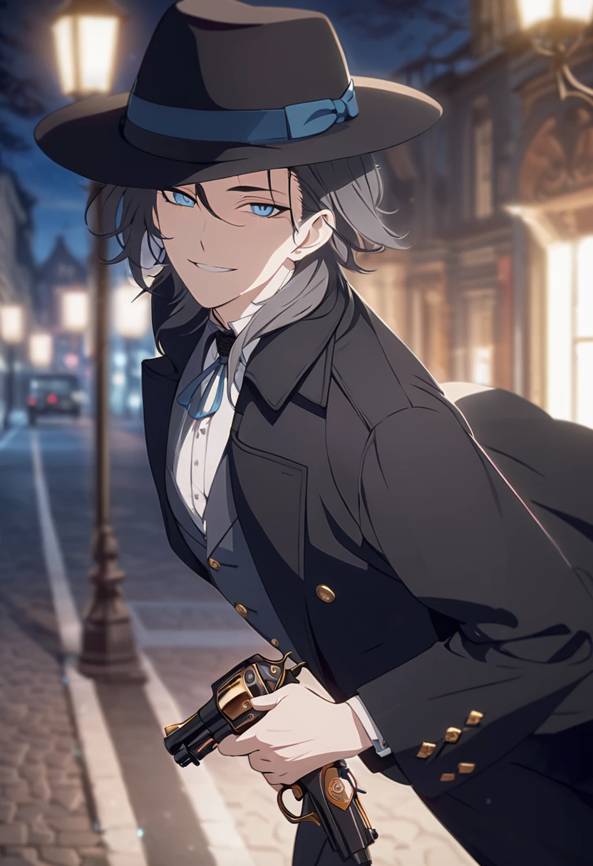 masterpiece,best quality,depth of field,8K,looking at the viewer,dark gray hair,blue eyes,man,close,Street lamp,black long coat,square black panama hat,Holding an antique and stylish revolver pistol,smiling,male,(charismatic eyes 1;1),wseifuku,chic,