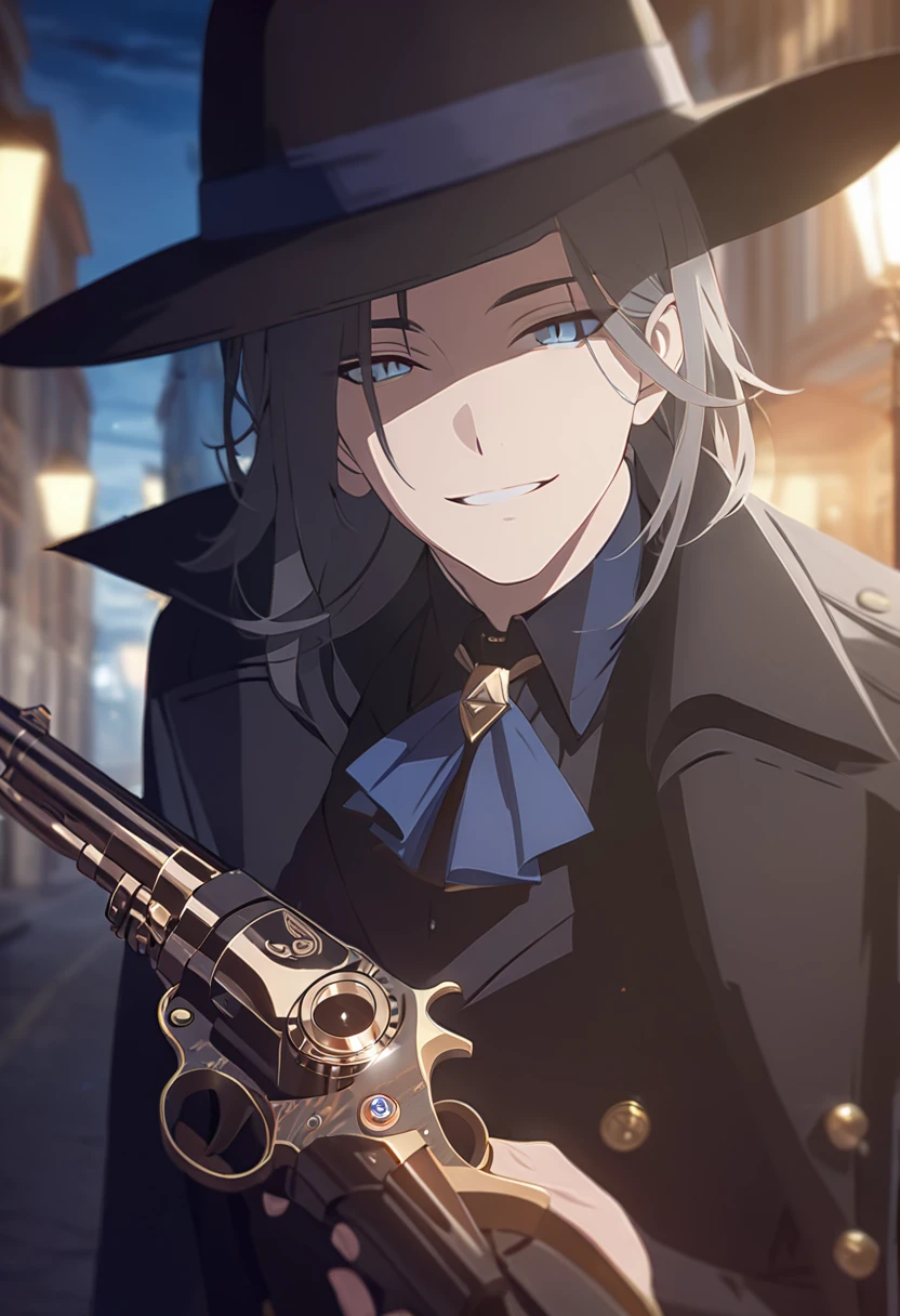 masterpiece,best quality,depth of field,8K,looking at the viewer,dark gray hair,blue eyes,man,close,Street lamp,black long coat,square black panama hat,Holding an antique and stylish revolver pistol,smiling,male,(charismatic eyes 1;1),wseifuku,chic,