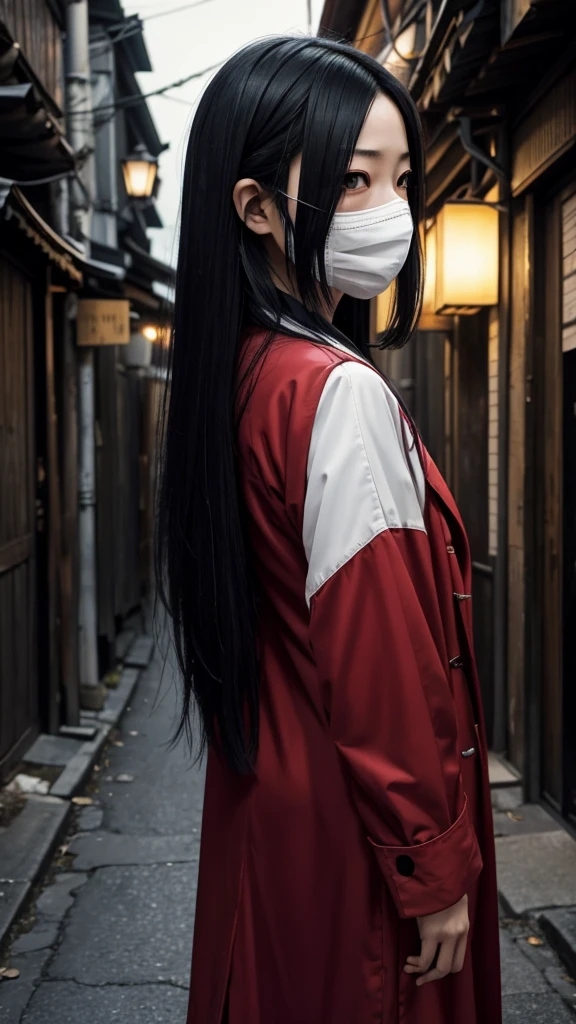 Create a realistic image of Kuchisake-onna。She has long black hair、He is wearing a white mask、Beneath it is a terrifying expression with a split mouth.。The background depicts dimly lit street corners and back alleys.、It exudes an eerie atmosphere。She is wearing a red coat、He has a big pair of scissors in his hand。Please make the image realistic and give a sense of fear overall.。